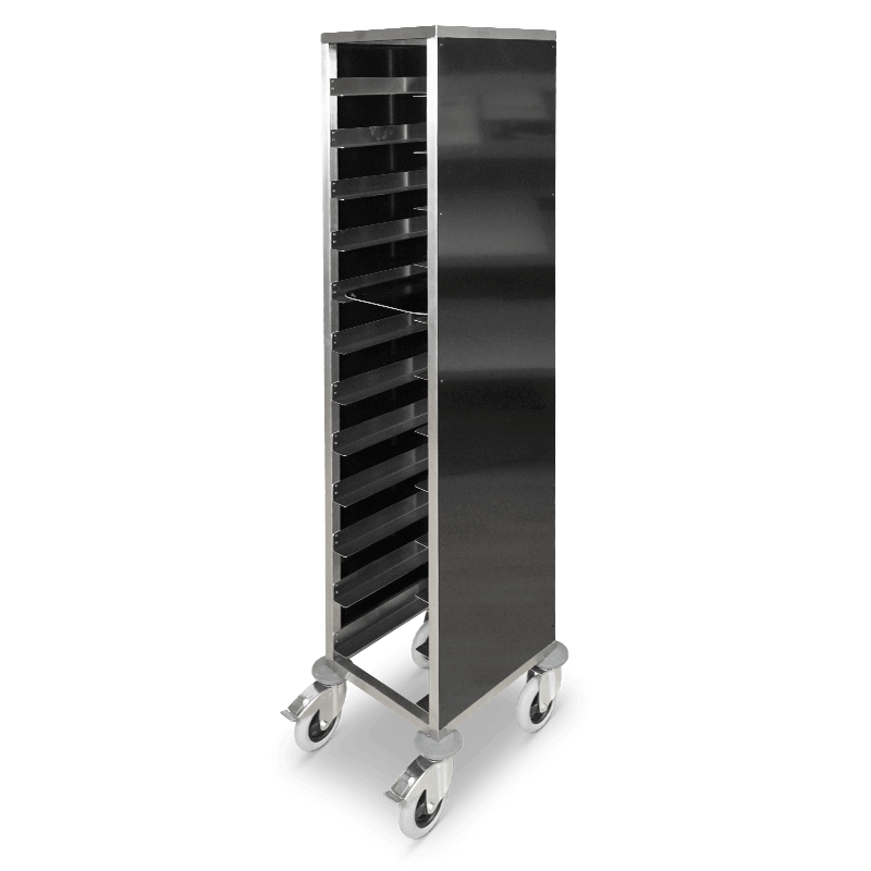 Traytrolley with powdercoated panels on 3 sides.
